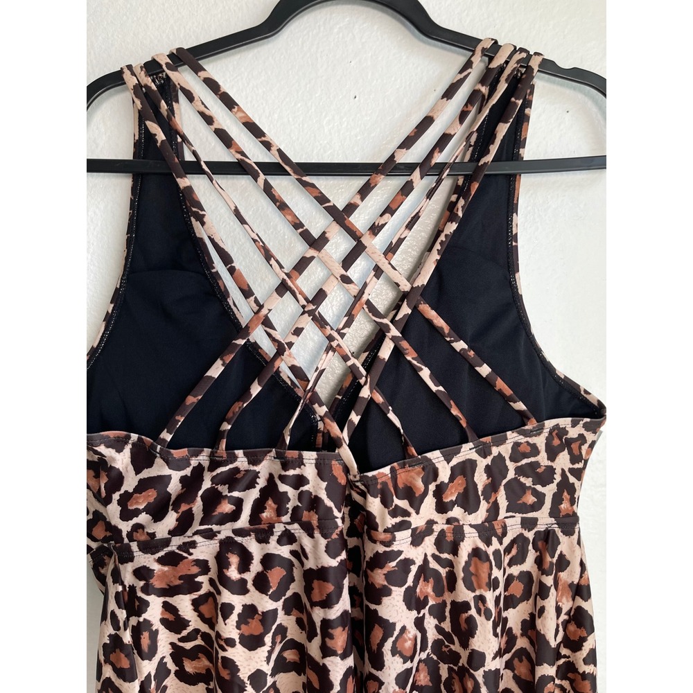 Aqua Eve Leopard Print Strappy Back Swim Dress Tankini Top Brown Tan 20W - Picture 7 of 10
